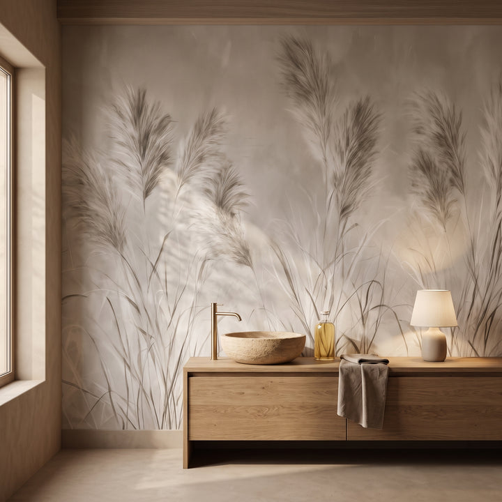 FAWN QUILLS en la ambientación de un baño en una casa del desierto, ante la pared un mueble bajo de roble con lavabo de piedra