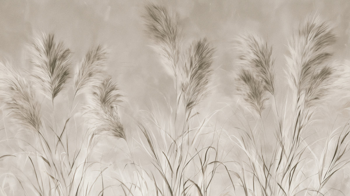 Vista previa del patrón: FAWN QUILLS, diseño completo: tres grupos de plumeros crema de hierba de la pampa con núcleos sepia sobre fondo greige