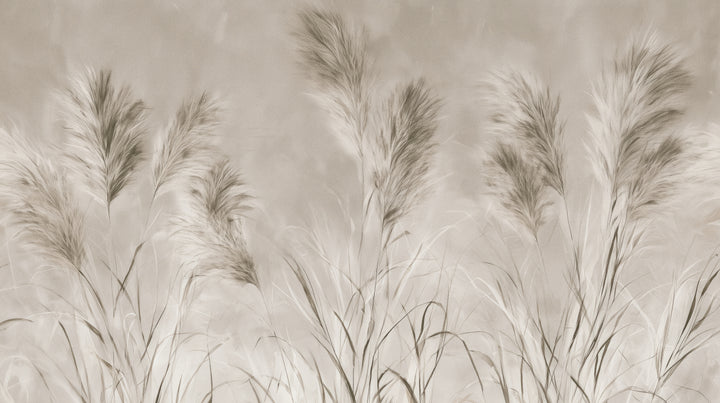 FAWN QUILLS, diseño completo: tres grupos de plumeros crema de hierba de la pampa con núcleos sepia sobre fondo greige