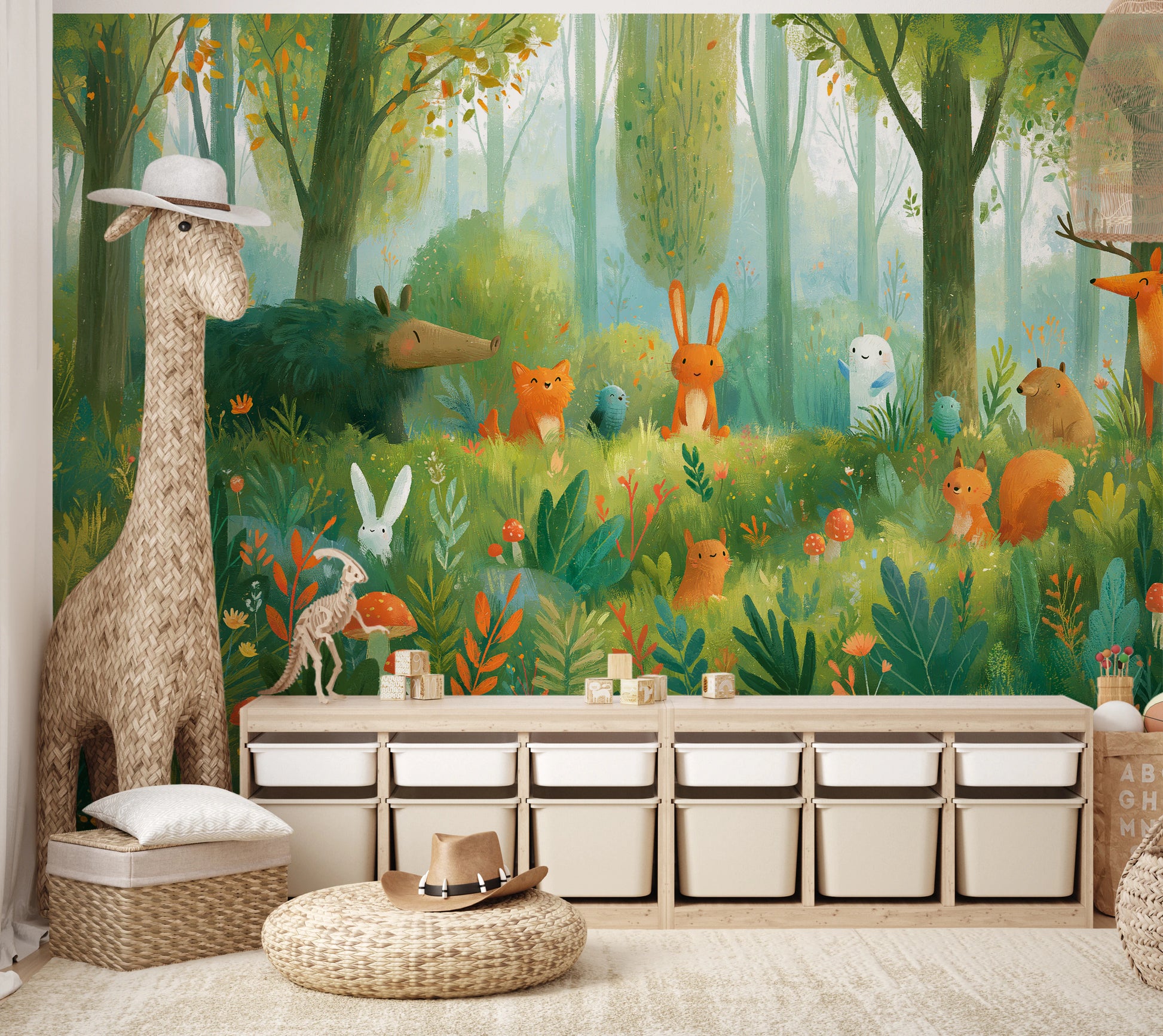 MOSSY GLADE - leśna polana ze zwierzętami w akwareli — KIDS — Pokój dziecięcy 01