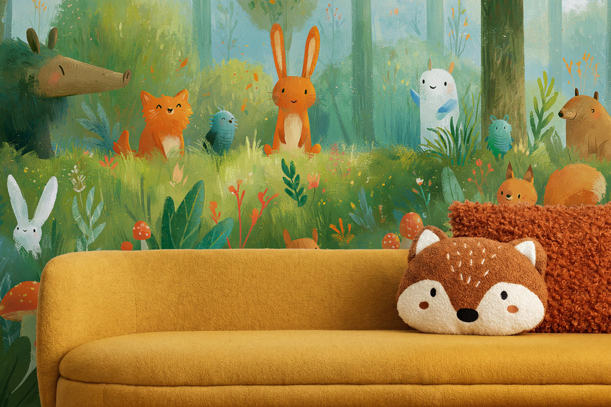 MOSSY GLADE - leśna polana ze zwierzętami w akwareli — CHILDREN'S ROOM - CLOSE UP ON THE PATTERN