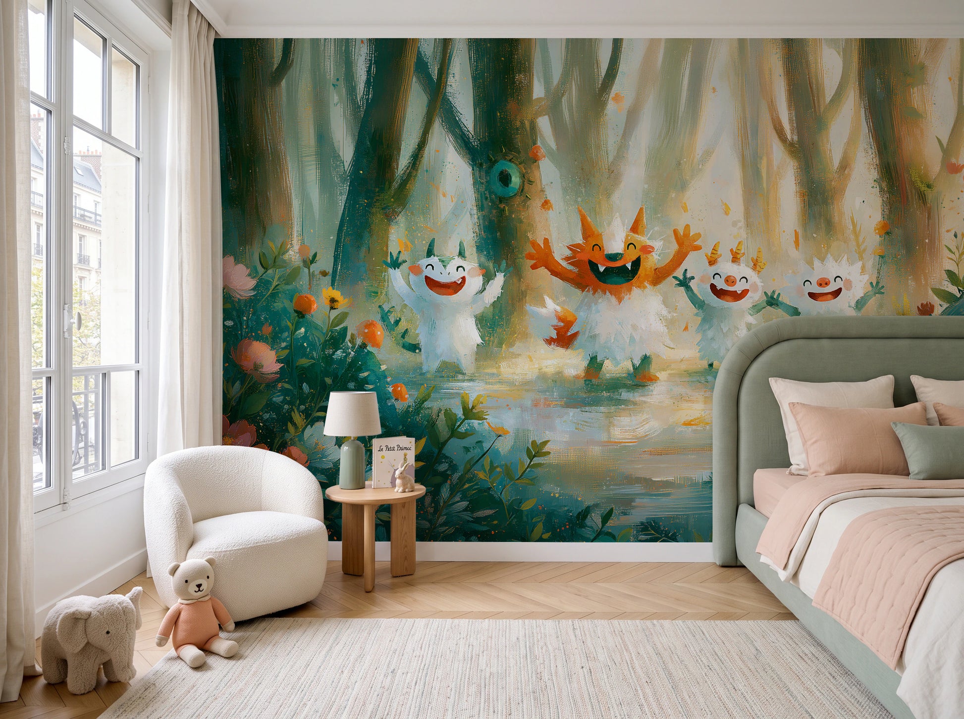 MERRY SPRITES - malowana leśna polana z wesołymi stworkami — children's room with window