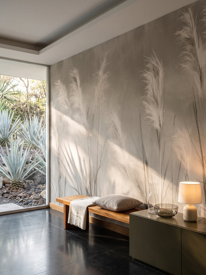 FEATHERLIGHT w aranżacji holu wejściowego w modernistycznej willi, przed ścianą niska drewniana ławka i konsola z lampką