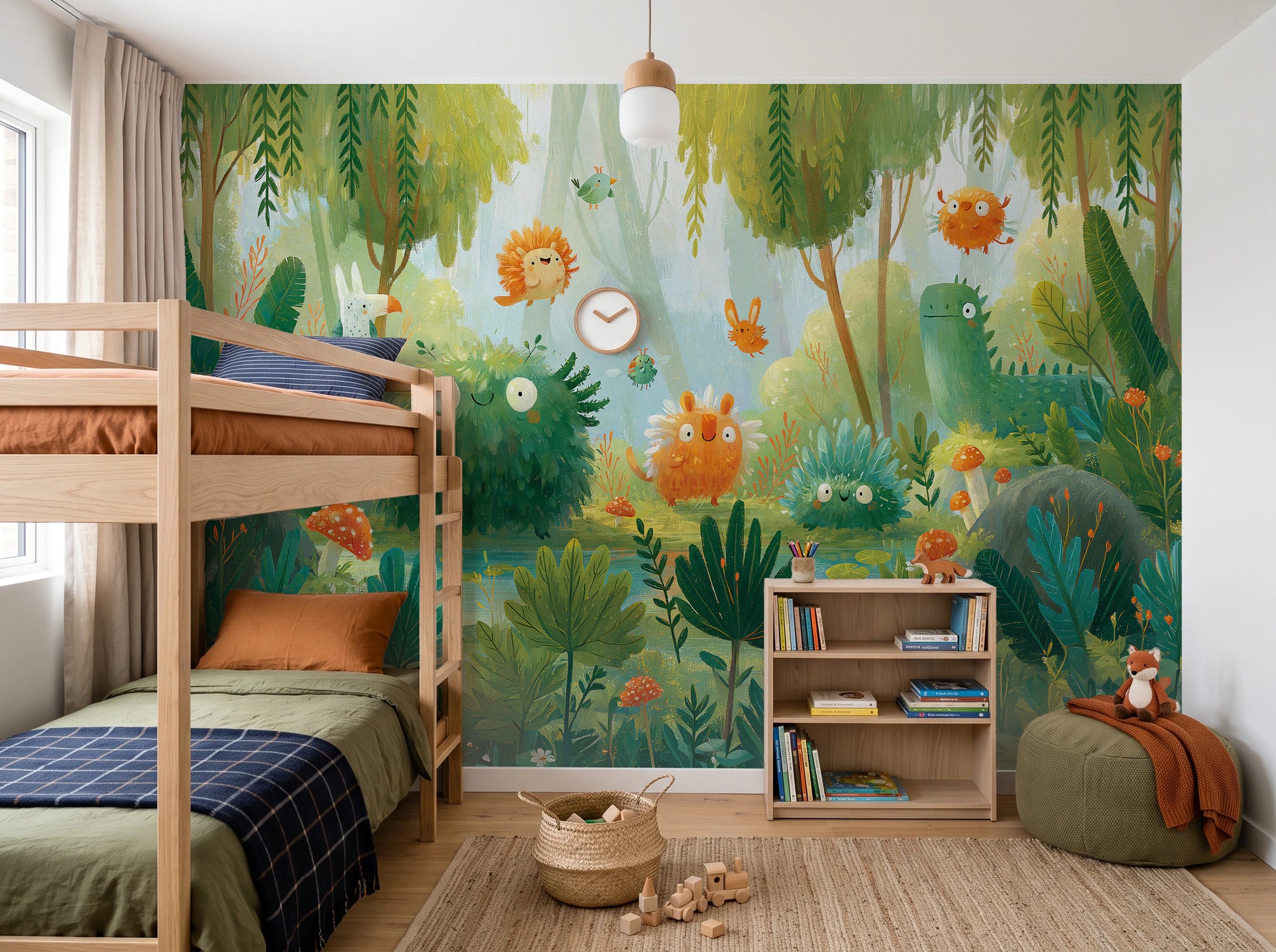 MOSSY POND - malowany las pełen puchatych stworków — CHILDREN'S ROOM WITH BUNK BED