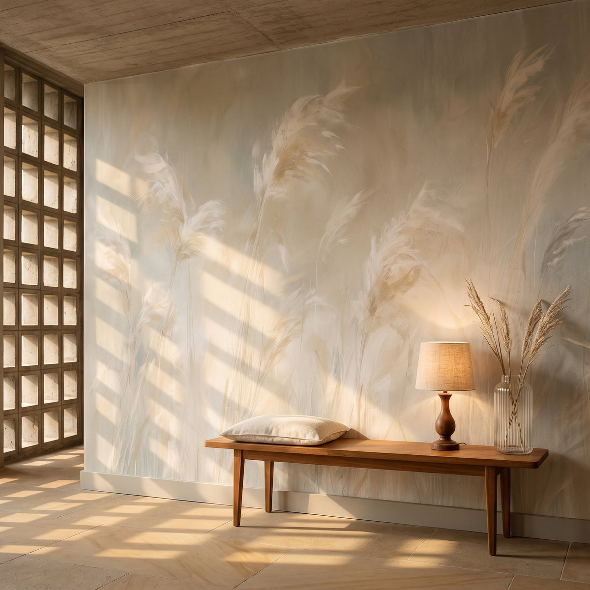 FIELD STUDY en mise en scène dans l'entrée d'une maison moderniste, long banc en teck avec petite lampe devant le mur