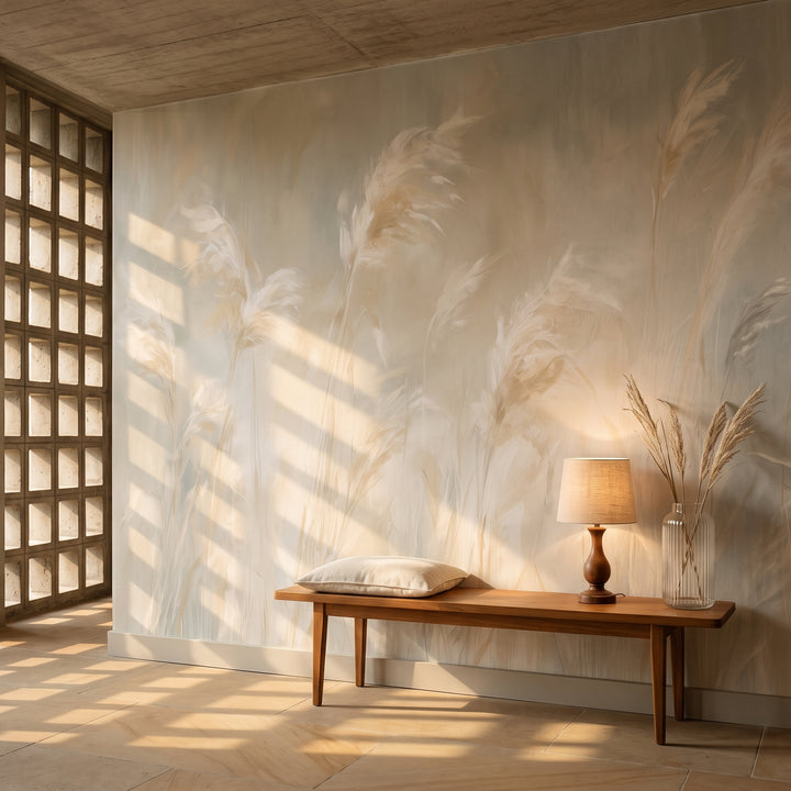 FIELD STUDY en mise en scène dans l'entrée d'une maison moderniste, long banc en teck avec petite lampe devant le mur