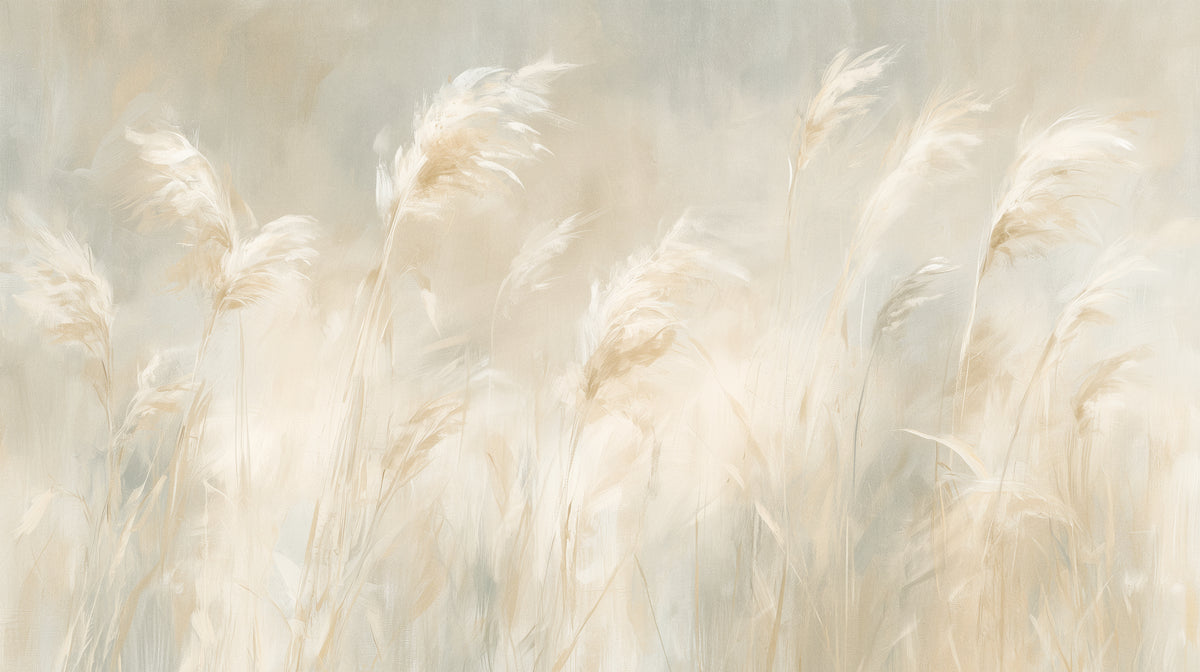 FIELD STUDY – motif complet : champ d'herbes de la pampa crème penchées vers la droite sur fond de brume gris-bleu