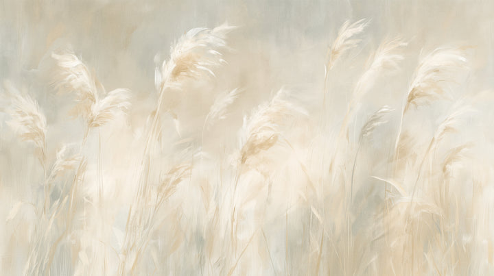 FIELD STUDY – motif complet : champ d'herbes de la pampa crème penchées vers la droite sur fond de brume gris-bleu