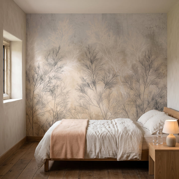FILIGREE in a stone cottage bedroom setting, with a low oak bed dressed in linen bedding in front of the wall