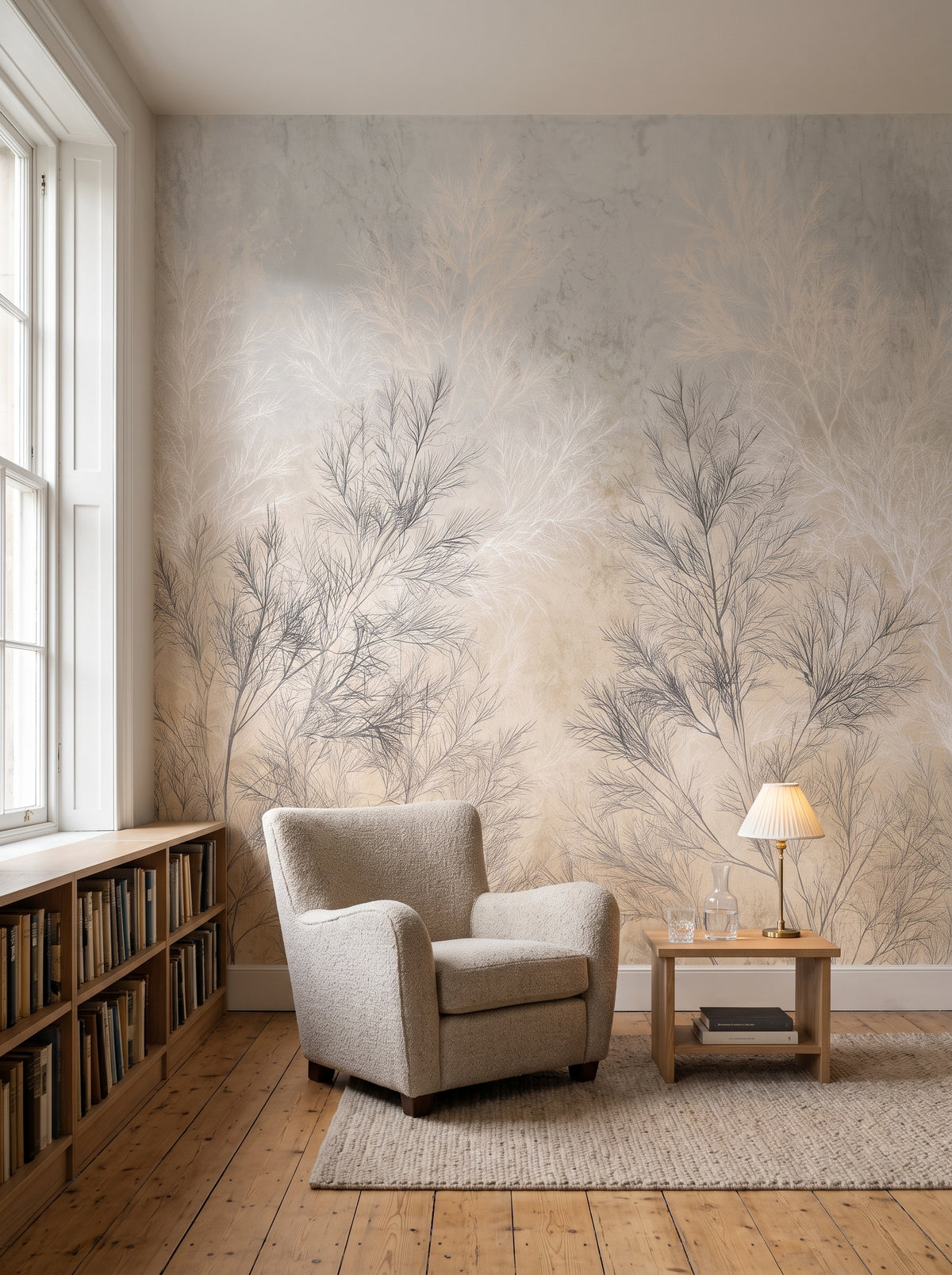 FILIGREE en mise en scène de bibliothèque dans un appartement de style géorgien, devant le mur une table basse avec lampe en laiton et un fauteuil