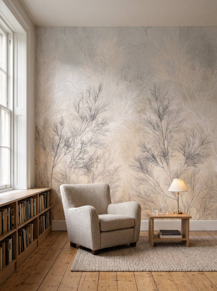 FILIGREE in a library setting in a Georgian flat, with a low table, a brass lamp and an armchair in front of the wall