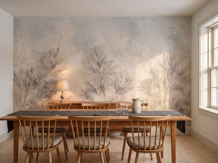 FILIGREE in a country house dining room setting, with a long cherry wood table and spindle-back chairs in front of the wall