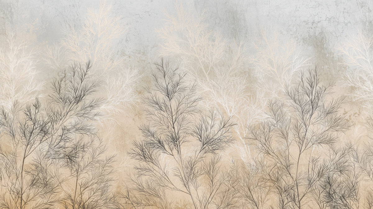 FILIGREE – motif complet : rangée d'arbustes graphite devant des rameaux crème clair sur un fond allant du bleu gris au beige