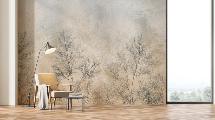 FILIGREE covering a whole wall of a bright living room with a large window; an armchair and floor lamp show the shrubs' height