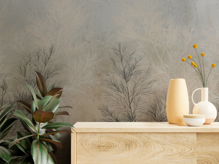 FILIGREE up close: thin graphite twigs and creamy shrubs above a wooden chest of drawers with vases