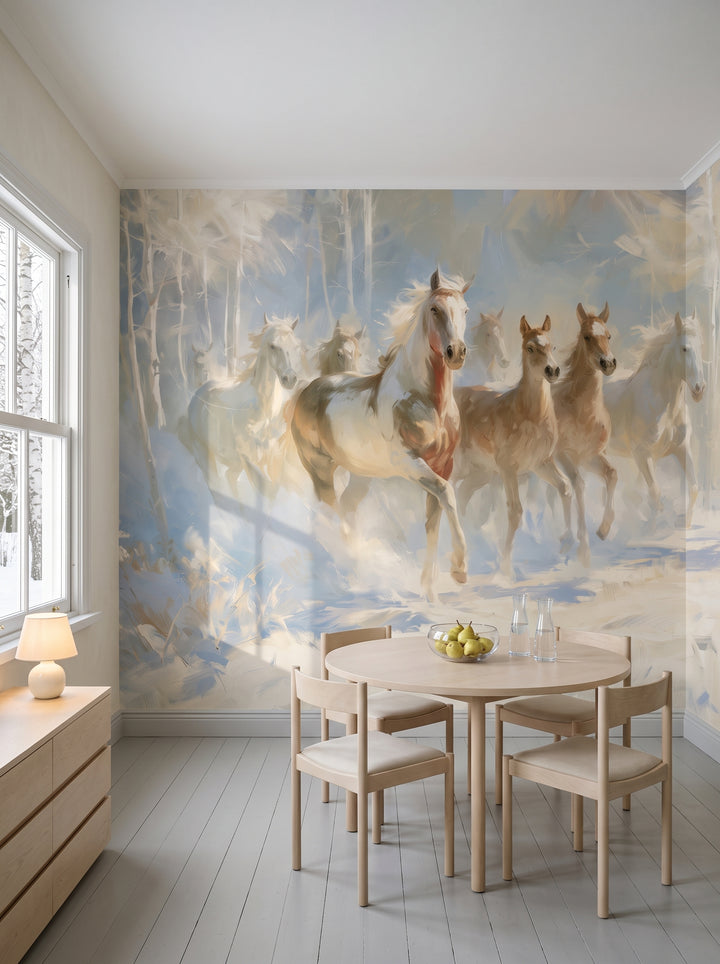 FIRST SNOW en la ambientación de un comedor: caballos y potros sobre una mesa redonda de abedul y sillas con asientos de lino