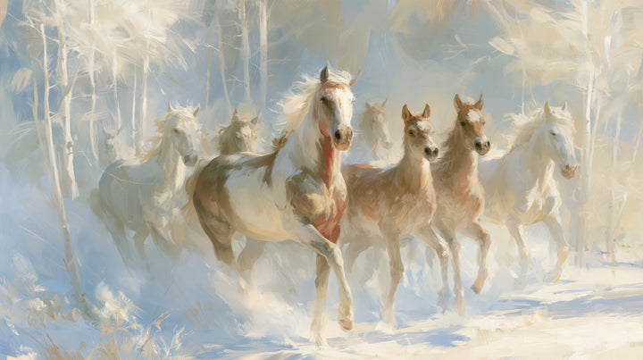 FIRST SNOW – motivo completo: caballo blanco y marrón, dos potros alazanes y caballos blancos en un bosque invernal soleado