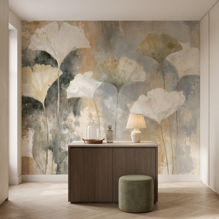 FLINT AND OLIVE in a Parisian dressing room setting, with a freestanding smoked oak island and a velvet stool in front of the wall