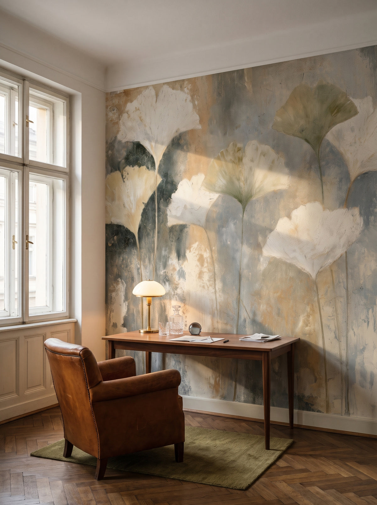 FLINT AND OLIVE als Raumgestaltung eines Arbeitszimmers in einem Wiener Altbau, davor ein Nussholzschreibtisch und ein cognacfarbener Ledersessel