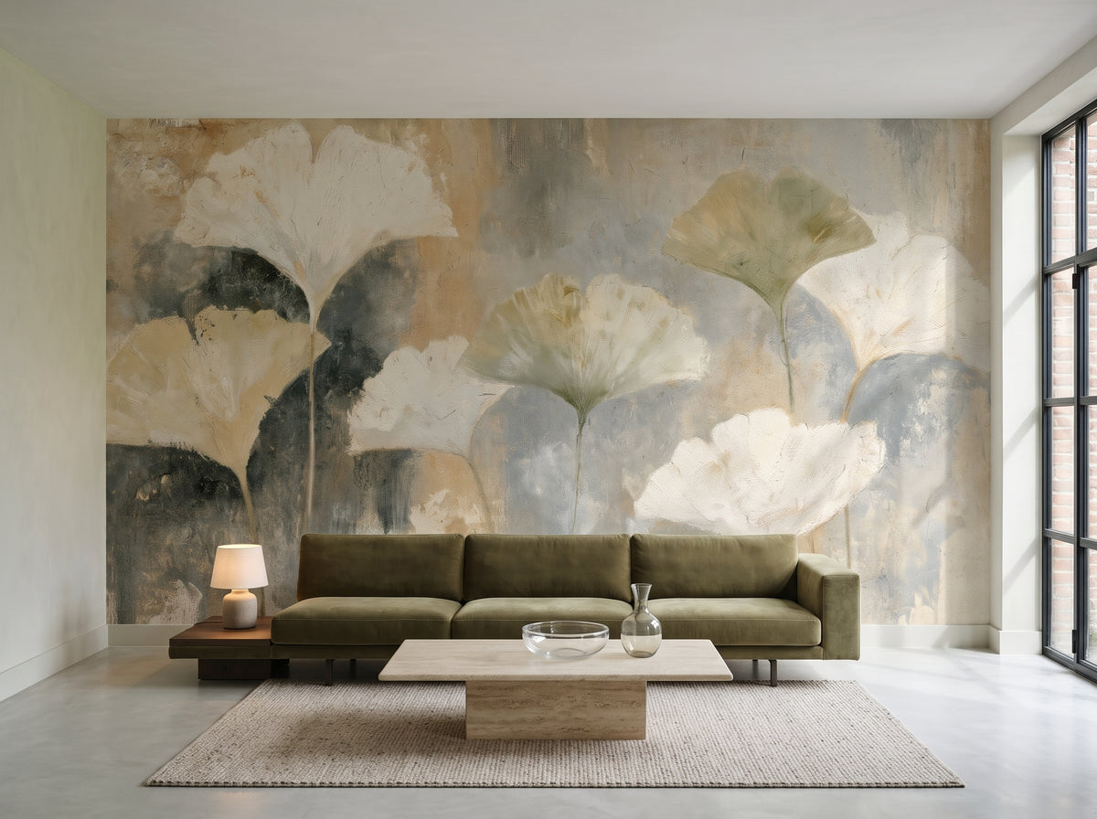 FLINT AND OLIVE als Raumgestaltung eines Wohnzimmers in einem ehemaligen Lager in Antwerpen, davor ein niedriges olivgrünes Sofa und ein Travertintisch