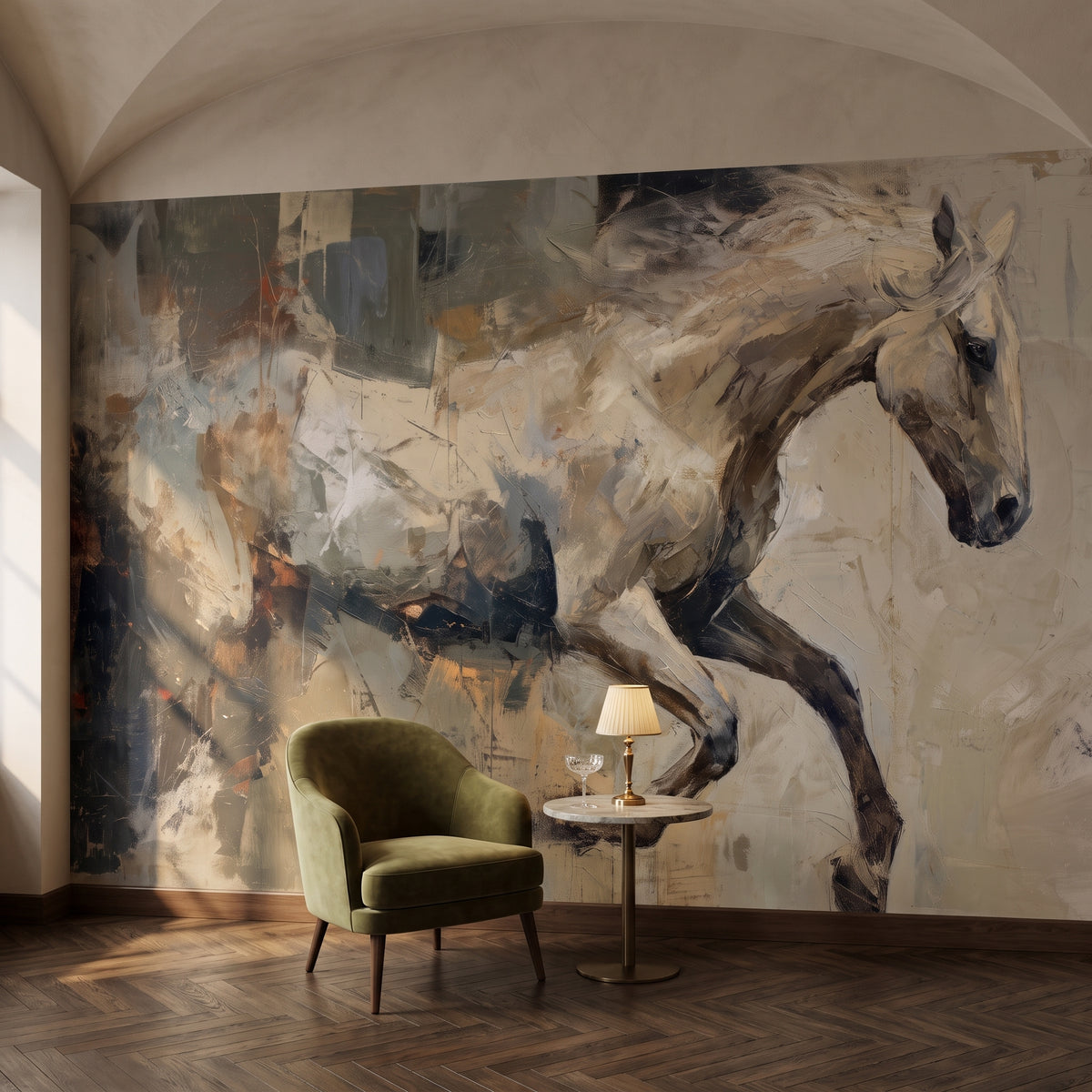 FLINT RUNNER en una ambientación de bar de hotel: cabeza y torso del caballo sobre un sillón de terciopelo oliva y una mesa de mármol
