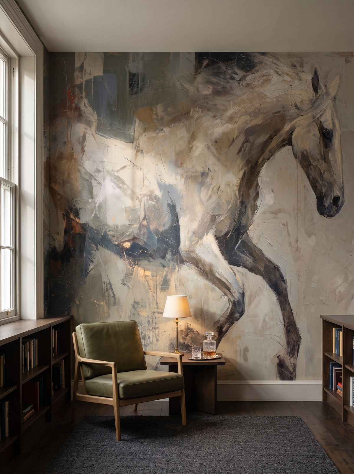 FLINT RUNNER en una ambientación de biblioteca: caballo claro al galope sobre un sillón de cuero oliva y una mesa oscura con lámpara