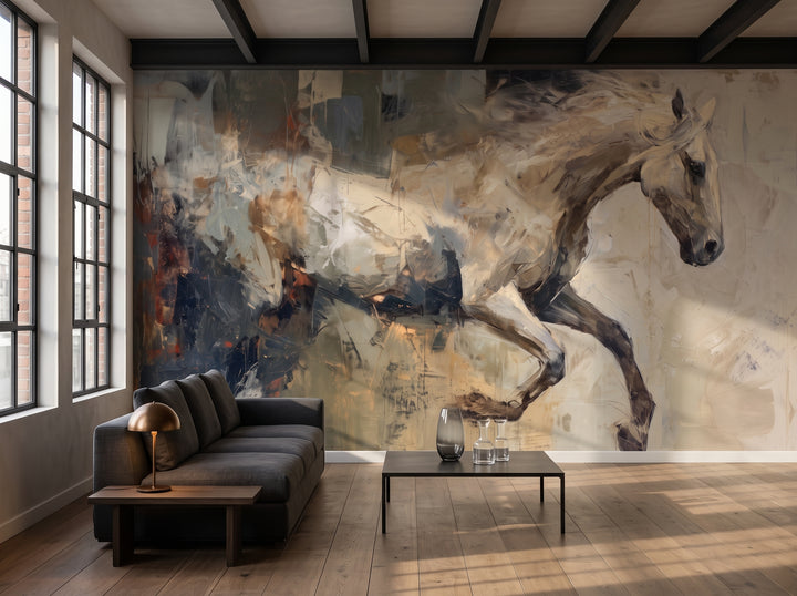 FLINT RUNNER en una ambientación de salón en un loft: toda la pared tras un largo sofá de lino grafito y una mesa de acero ennegrecido