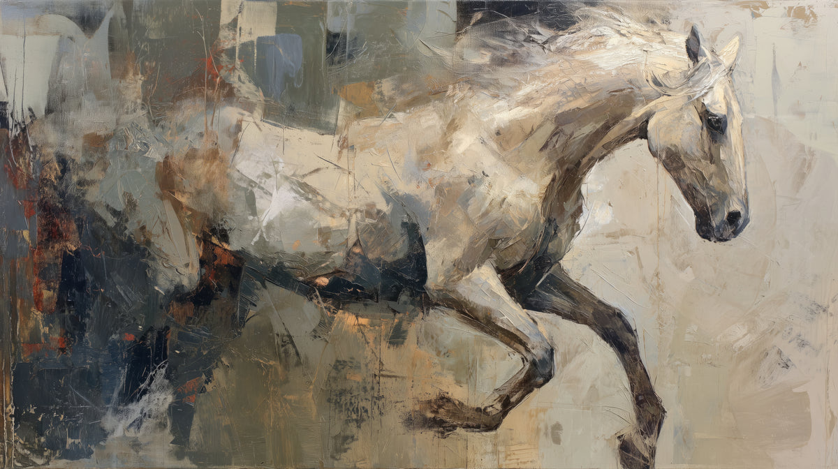FLINT RUNNER – diseño completo: caballo tordo claro galopa hacia la derecha, a la izquierda planos oscuros de grafito, oliva y óxido