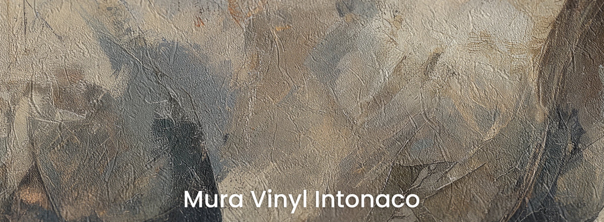 FLINT RUNNER sobre el soporte Mura Vinyl Intonaco – pinceladas arena y grises sobre textura de revoco fratasado