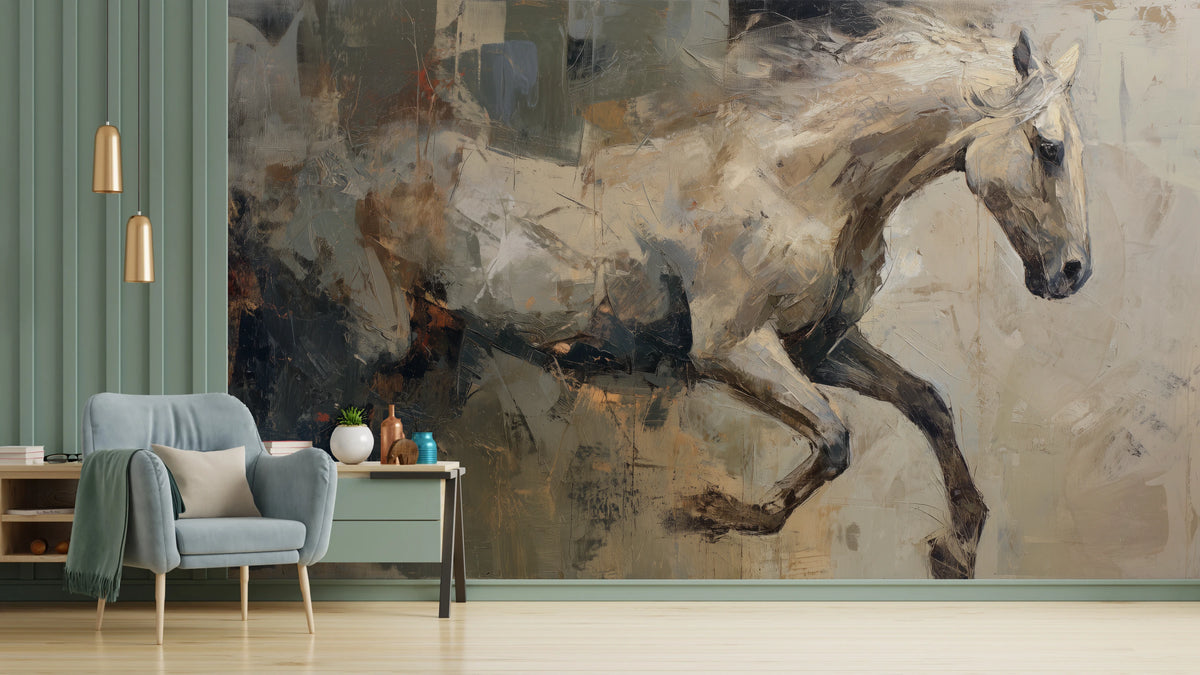 FLINT RUNNER, pared de salón: caballo claro que galopa hacia la derecha, con manchas oscuras de grafito y óxido detrás; a la izquierda, panel verde y sillón