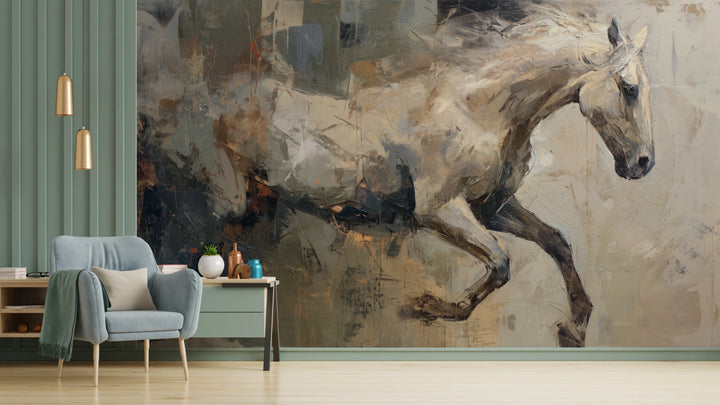 FLINT RUNNER, pared de salón: caballo claro que galopa hacia la derecha, con manchas oscuras de grafito y óxido detrás; a la izquierda, panel verde y sillón
