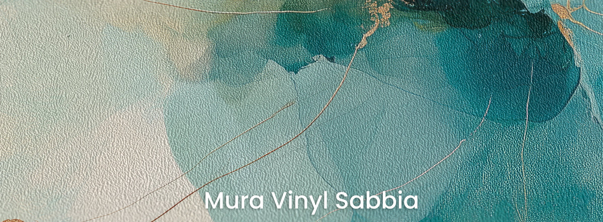 FLOATING ANEMONES na podłożu Mura Vinyl Sabbia: turkusowe płatki na fakturze grubego ziarna piasku