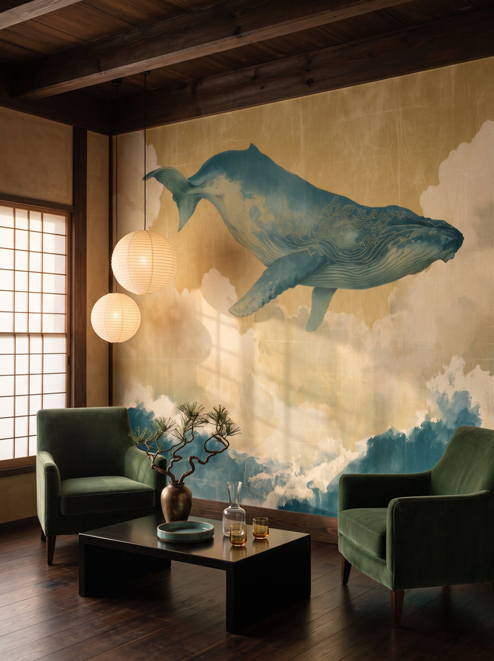 FLOATING WORLD in der Raumgestaltung einer Hotellobby: türkisfarbener Wal am goldfarbenen Himmel über zwei Sesseln und niedrigem Tisch