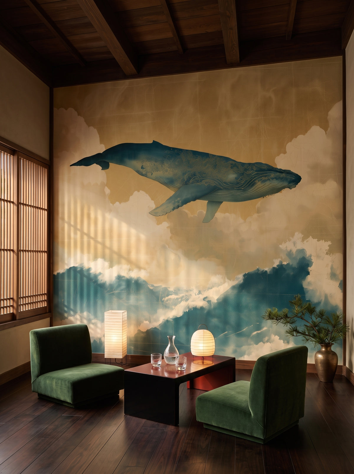 FLOATING WORLD in der Raumgestaltung einer Hotellobby: türkisfarbener Wal am goldfarbenen Himmel über zwei Sesseln und niedrigem Tisch