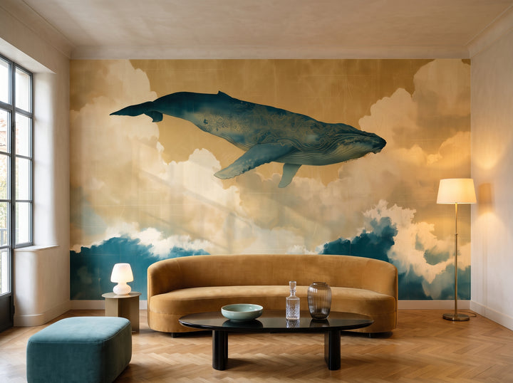 FLOATING WORLD en una ambientación de salón: toda la pared con la ballena, las nubes y las olas tras un sofá redondeado color ocre