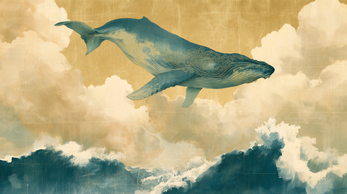 FLOATING WORLD – disegno completo: balena turchese che si tuffa nel cielo dorato, ai lati nuvole crema, in basso onde scure