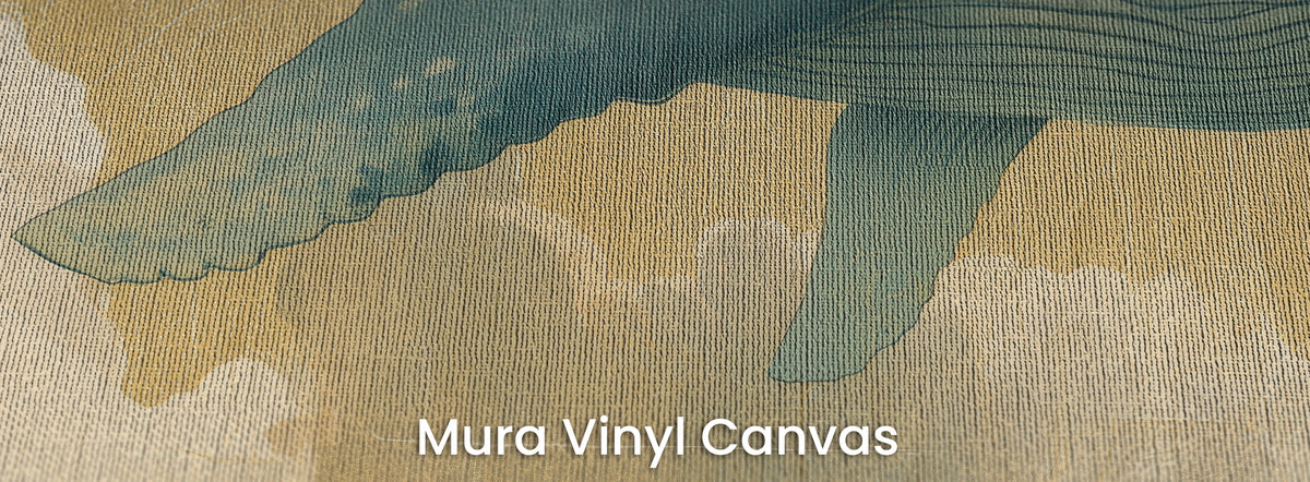 FLOATING WORLD sul supporto Mura Vinyl Canvas: pinne turchesi su cielo dorato sopra nuvole color crema, trama della tela