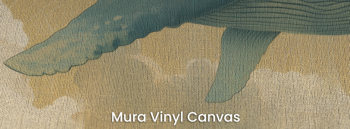 FLOATING WORLD auf dem Trägermaterial Mura Vinyl Canvas: türkisfarbene Flossen am goldfarbenen Himmel über cremefarbenen Wolken, Leinwandstruktur