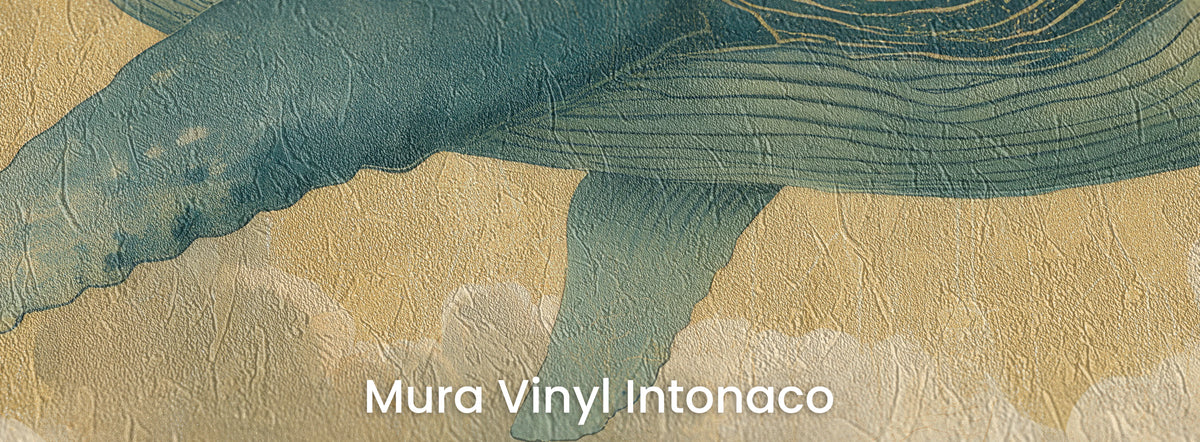 FLOATING WORLD sul supporto Mura Vinyl Intonaco: pinna e gola striata con linee dorate, texture dell'intonaco frattazzato
