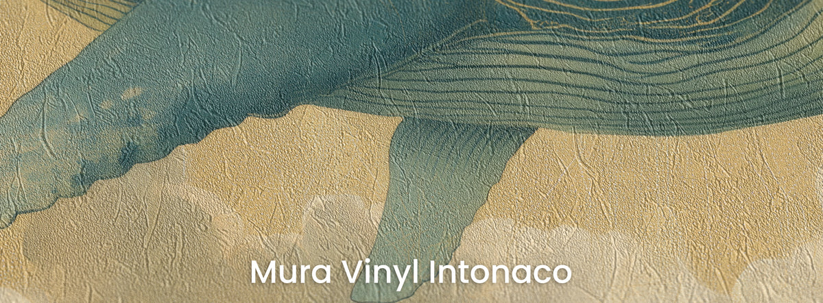 FLOATING WORLD auf dem Trägermaterial Mura Vinyl Intonaco: Flosse und gestreifte Kehle mit goldenen Linien, Reibeputz-Struktur
