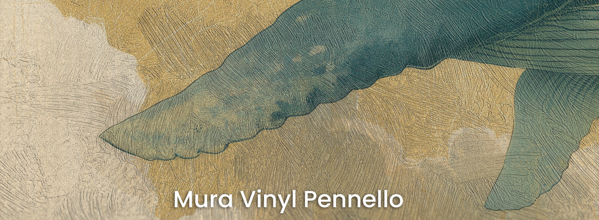 FLOATING WORLD sul supporto Mura Vinyl Pennello: grande pinna turchese su fondo dorato, texture di pennellate