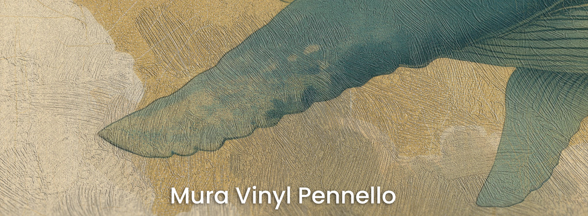 FLOATING WORLD auf dem Trägermaterial Mura Vinyl Pennello: große türkisfarbene Flosse auf goldfarbenem Grund, Struktur von Pinselstrichen