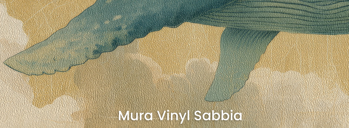 FLOATING WORLD sul supporto Mura Vinyl Sabbia: due pinne turchesi su fondo dorato, grana grossa di sabbia