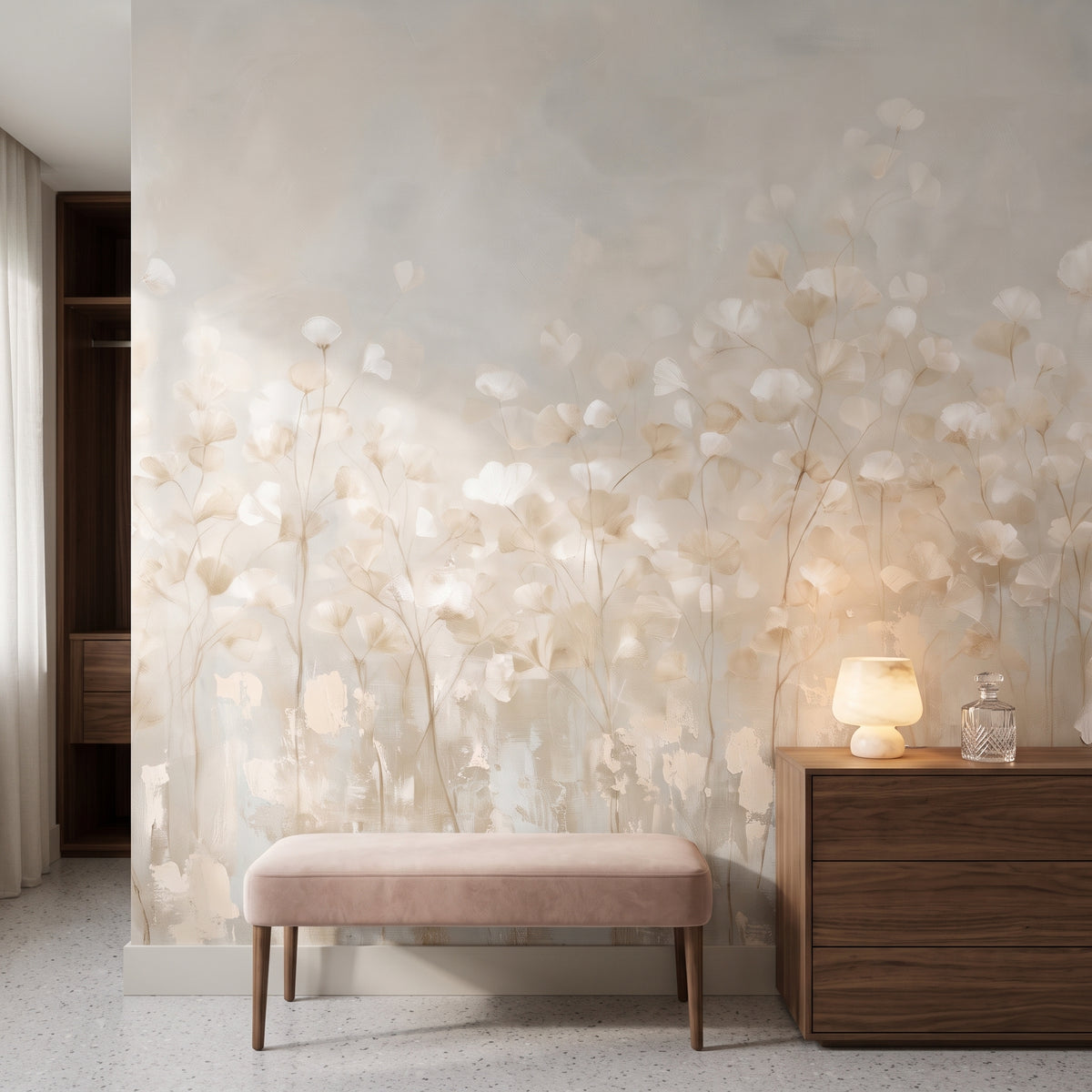 FLUTTER in a dressing room setting in a villa on Lake Como, with a velvet bench and a walnut chest of drawers in front of the wall