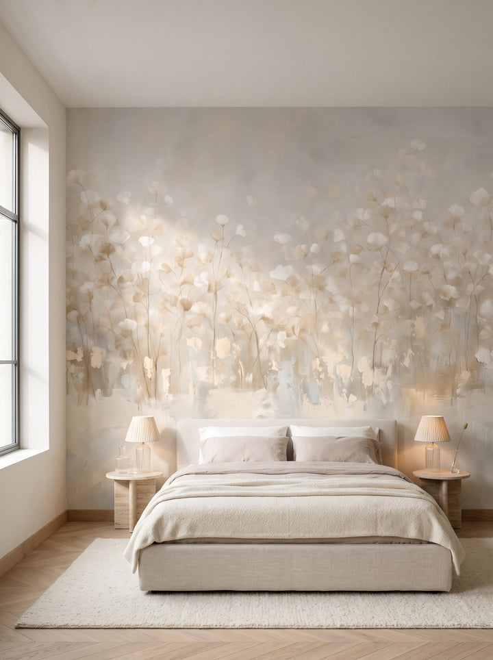 FLUTTER nell'ambientazione di una camera da letto in un appartamento art déco a Bruxelles: davanti alla parete un letto basso e comodini in travertino