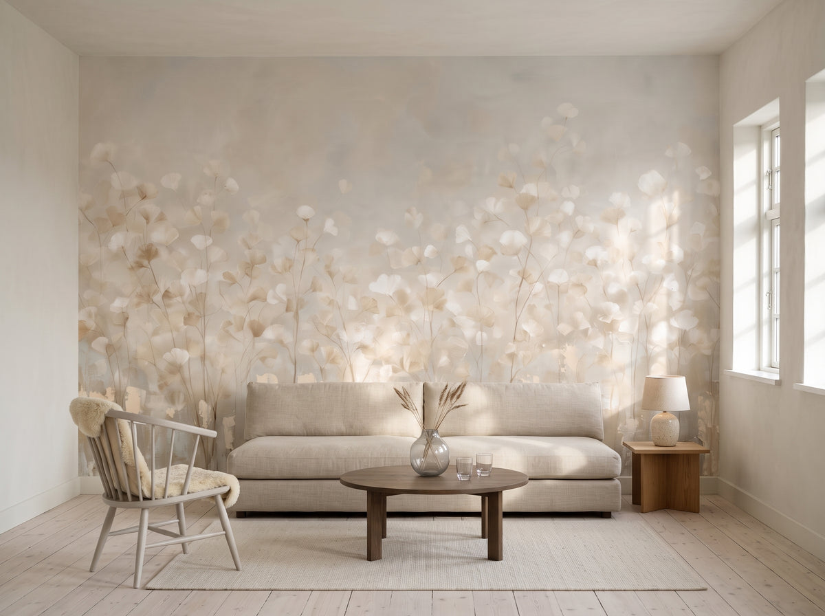FLUTTER in a living room setting in a Danish farmhouse on Funen, with a long linen sofa and an oak table in front of the wall