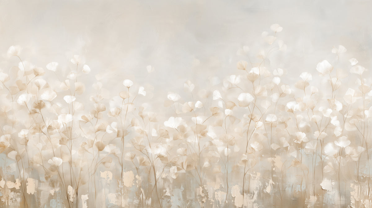 Pattern preview: FLUTTER – the full design: a band of small white and cream ginkgo leaves under a misty, pearly sky