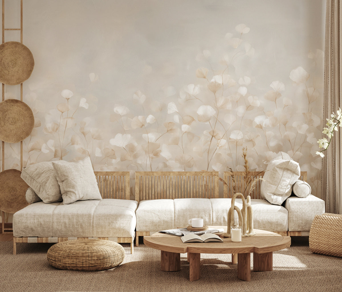 FLUTTER across the whole wall of a rustic living room – a meadow of small leaves rises high above the back of a wooden sofa