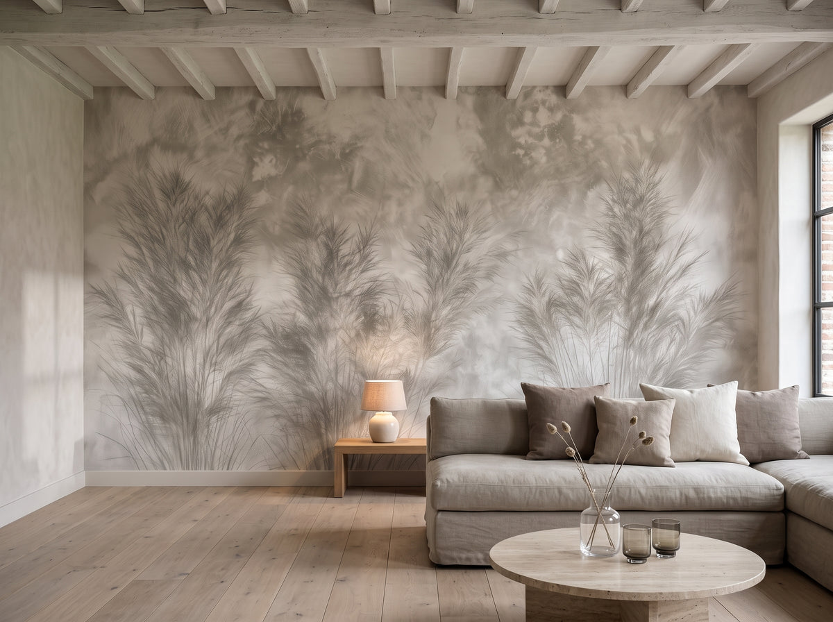 FOUR TUSSOCKS w aranżacji salonu we flamandzkim domu, przed ścianą niska sofa i trawertynowy stolik