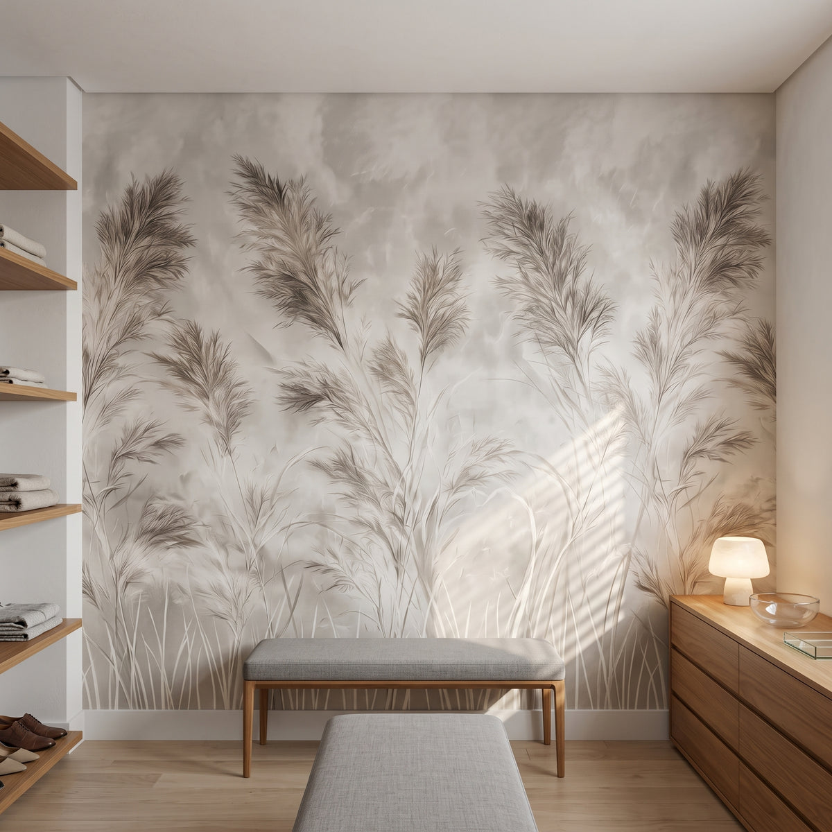 FREEHAND w aranżacji garderoby w modernistycznym apartamencie z lat 50., przed ścianą niska ławka w szarym lnie i orzechowa komoda